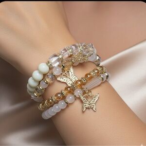Gold and Cream Butterfly Charm Bracelet Set (1)